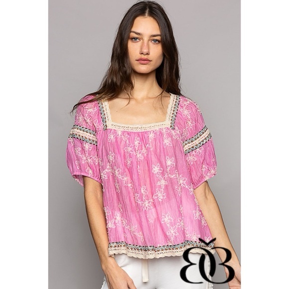 POL Tops - POL Pink Floral Embroidered Square Neck Chiffon Top Oversized
